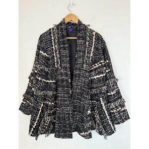 Indikka Tweed Jacket Women's Size L Black Ivory Fringe Open Front Boho Chic
